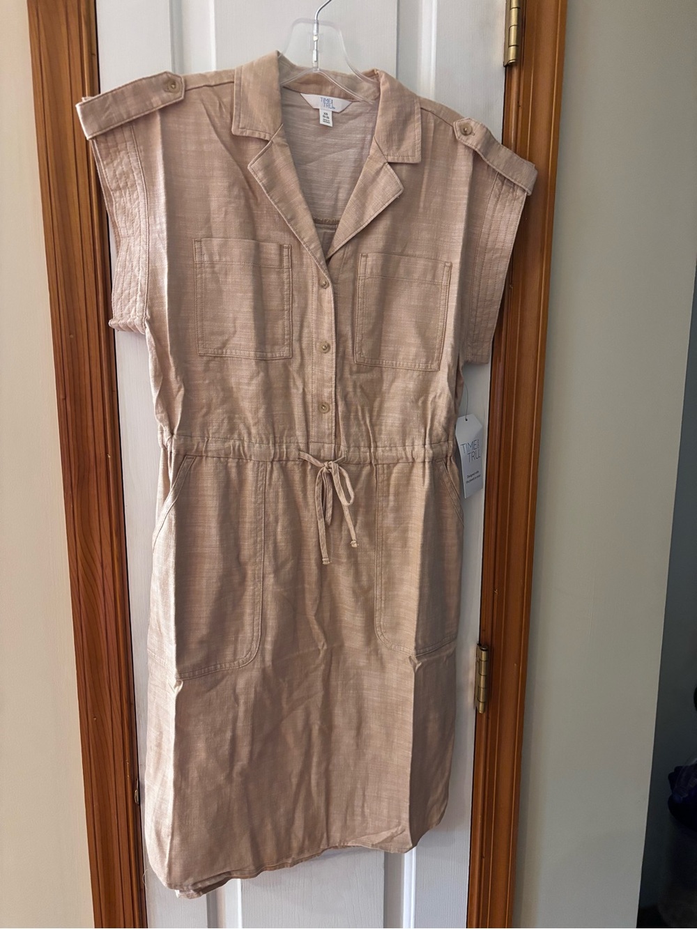 NWT Time and Tru Women's Utility Shirt Dress XS (0-2) Beige Drawstring Waist